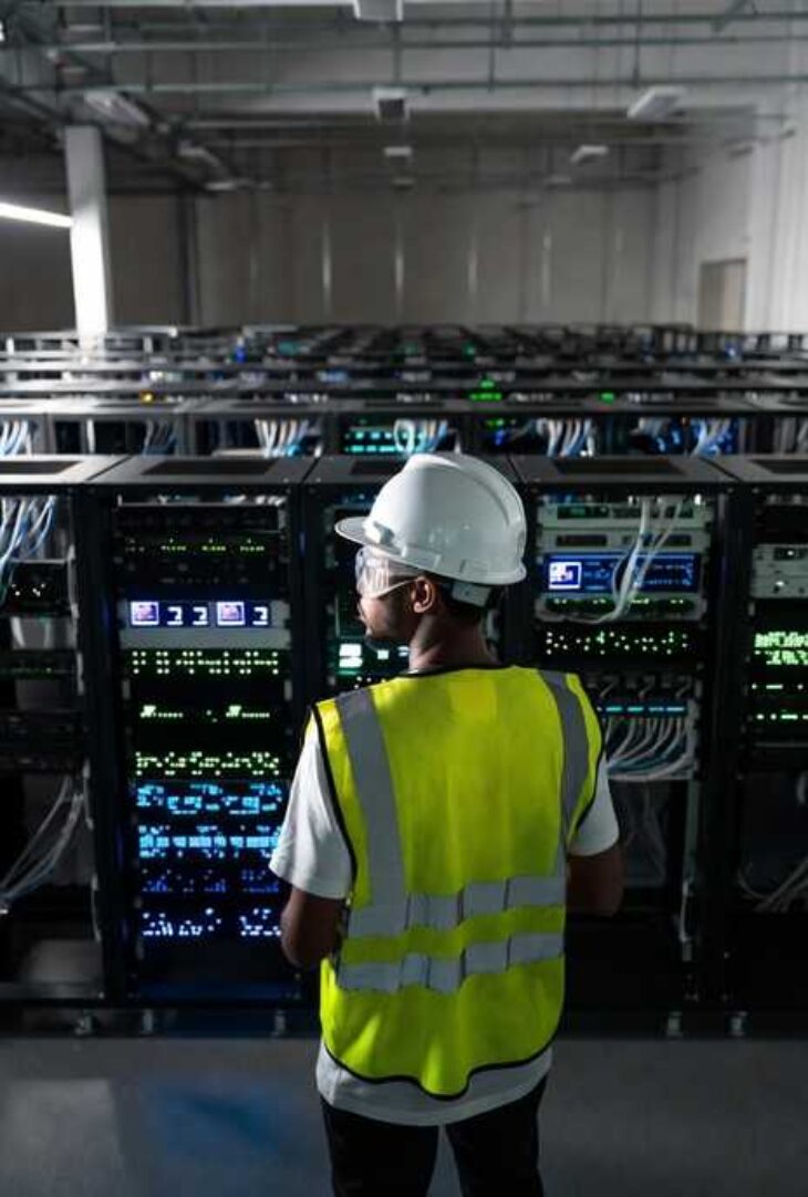Engineer inspecting data center server racks.